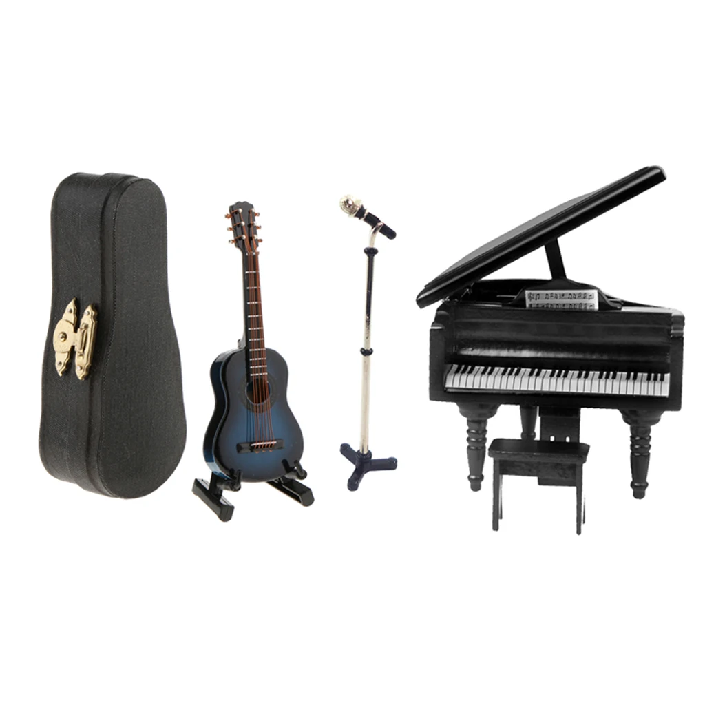 1/12 Miniature Microphone Guitar Piano Set Musical Model for Dollhouse Layout Accessory Decoration