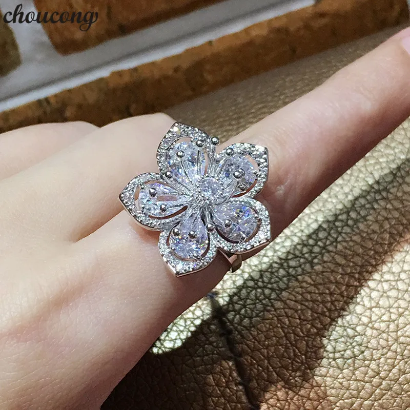 

choucong Big Flower Promise Ring 925 Sterling silver AAAAA cz Statement Engagement Wedding Band Rings For Women Bridal Jewelry