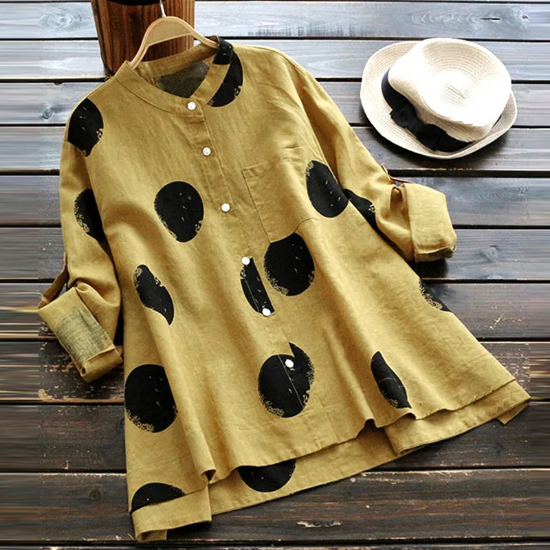  Women's Polka Dot Plus Size Blouses With Pockets Casual 2018 Autumn Single Breasted Female Shirts L