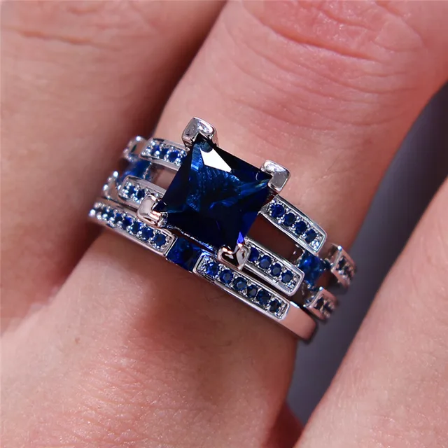 Luxury Female Light Blue Wedding Ring Set Love Zircon Ring Fashion 925