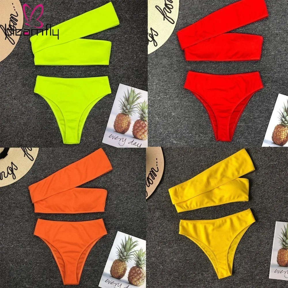 

Neon Green 2019 Sexy High Waist Bikini Women Ribbed Swimsuit one shoulder Swimwear Female bikini set Brazilian Bathing Suit swim
