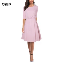 OTEN Women Vintage dress Solid Color Elegant Knee Length A-Line Half Sleeves Casual O Neck 2019 Summer Party Female Robe kids girls summer dress red yellow solid color o neck flowers pattern a line knee length regular sleeveless girl dresses 5ds274