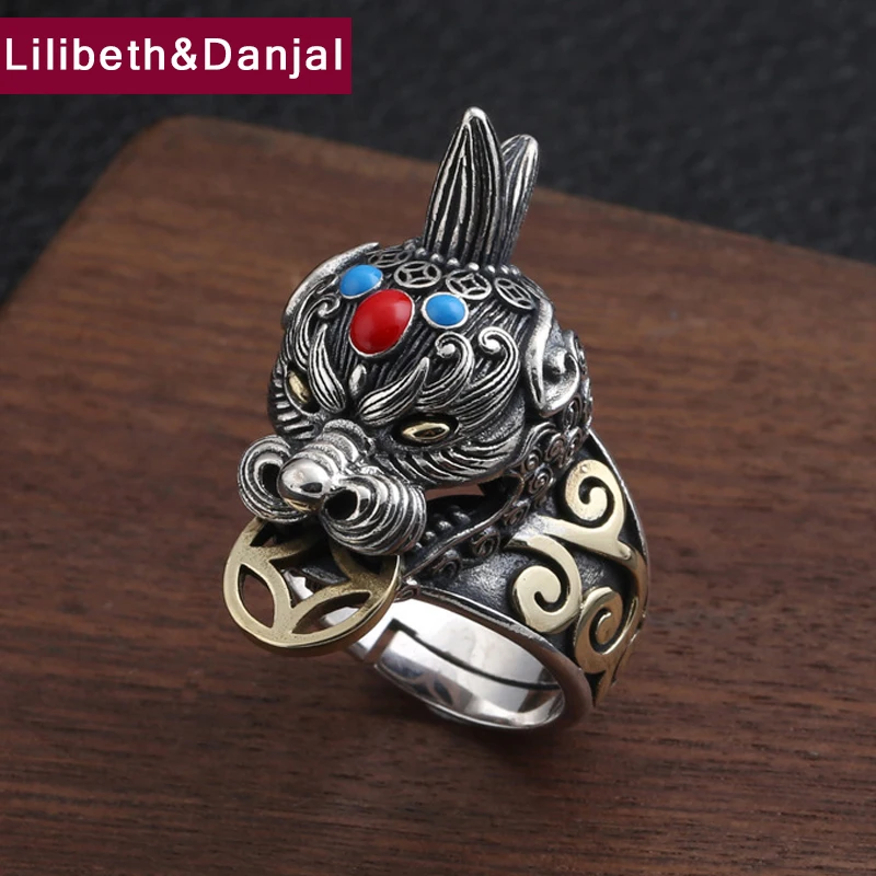 

2019 Punk Adjustable Ring 100% 925 Sterling Silver Jewelry Men Inlaid turquoise Lucky God beast brave troops Statement Ring R71