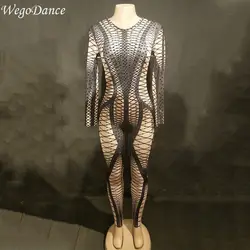 Новый Для женщин сцена для ночного клуба одежда певица танцор Bling костюмы сексуальный комбинезон Черный Чистая сверкающими боди с