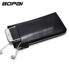 BOPAI Leather Wallets Black Thin Card Holder Wallet Zipper Genuine Leather Men Clutch Bags Multifunctional Mobile Wallet Case