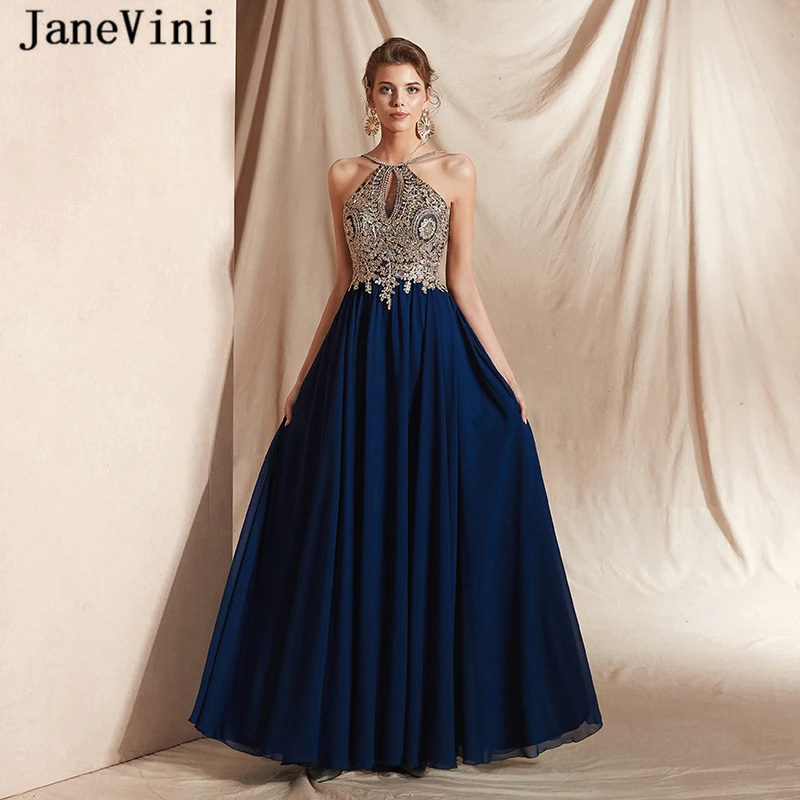 

JaneVini Elegant Navy Blue Long Chiffon Prom Dresses 2019 A Line Halter Gold Lace Appliques Beaded Backless Evening Party Gowns