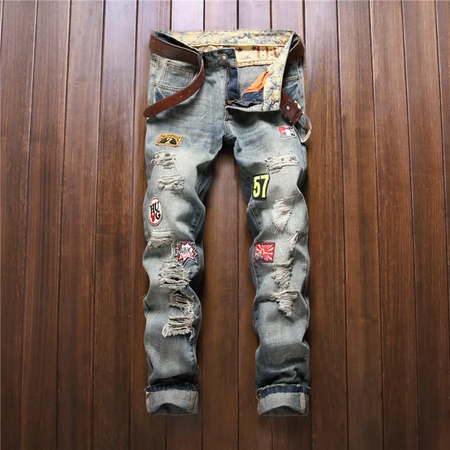 new mens embroidery patches hole denim jeans straight badge ripped