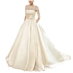 Custom made Ball Gown Lace Wedding Dresses 2019 Satin With Jacket See Though 1/2 Sleeves Sweep Train Bridal Wedding Dress Custom made Ball Gown Lace Wedding Dresses 2019 Satin With Jacket See Though 1/2 Sleeves Sweep Train Bridal Wedding Dress
