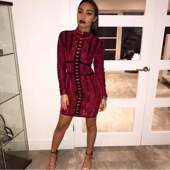 

2019 New spring wine red Elegant Heavy Workmanship Floral Beads Long Sleeves Celebrity Party Style Wholesale Women Bandage Dress
