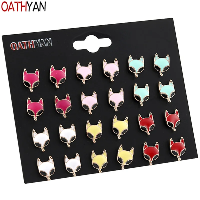 

OATHYAN 12 Pairs/Set Kpop Style Cute Enamel Animal Fox Stud Earrings Set Female Gold Color Metal Earring Kids Jewelry Wholesale