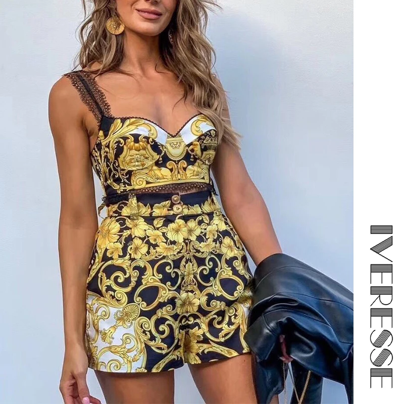 

IVRESSE Sexy Paisley Print Bodycon Short Jumpsuit Women 2 Piece Playsuit Romper Female Autumn Vintage Elegant Playsuit Overalls