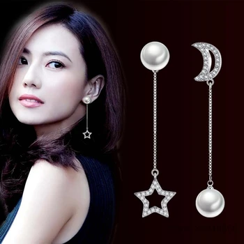

New Pearl Shiny Zirconia Star Moon Design 925 Sterling Silver Dangle Earrings for Women Girls Fine Jewelry