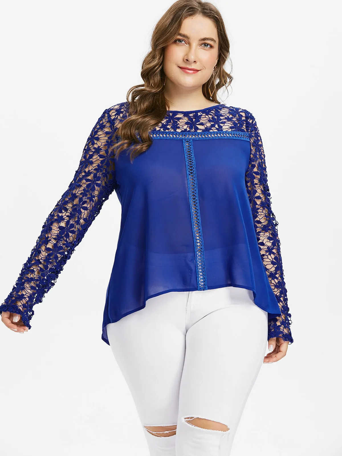 Gamiss Plus Size Sexy Hollow Out Floral Lace Sheer Blouse