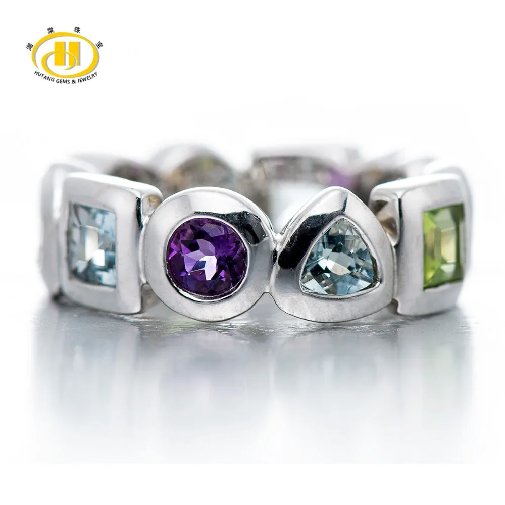 

HUTANG Multi Color Gemstones Band Ring Solid 925 Sterling Silver Full Set Fine Jewelry for Women's High Quality