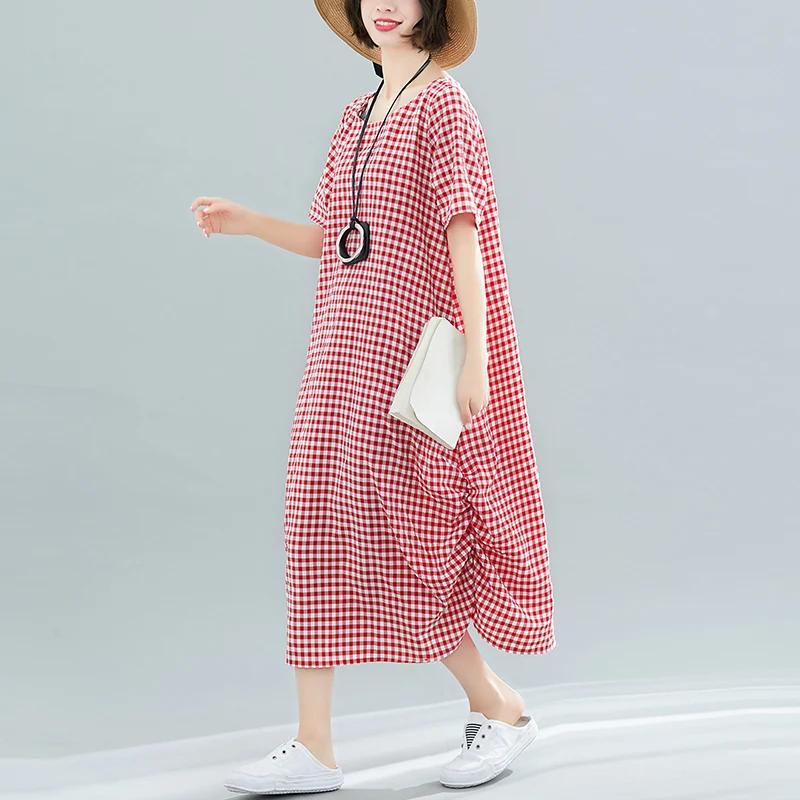 

6903# Red Plaid Linen Maternity Full Long Dress Summer Casual Loose Clothes for Pregnant Women Oversize Pregnancy Clothing