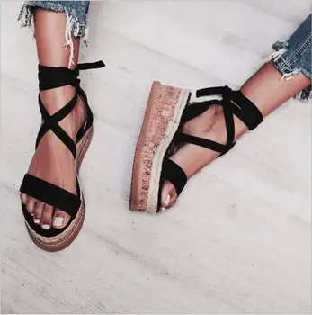

Dropshipping Summer White Wedge Espadrilles Women Sandals Open Toe Gladiator Sandals Casual Lace Up Women Platform Sandals