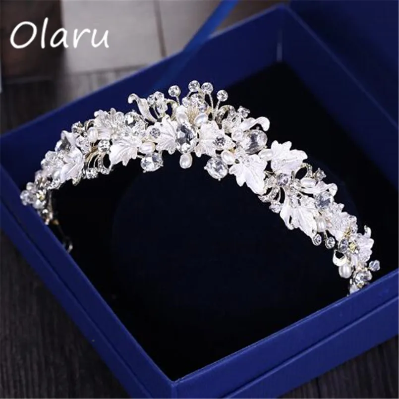 

Olaru Luxury Simulated Pearl Bridal Tiara Crystal flower Queen Crown Wedding Hair Accessories headband Pageant Ornaments Bijoux