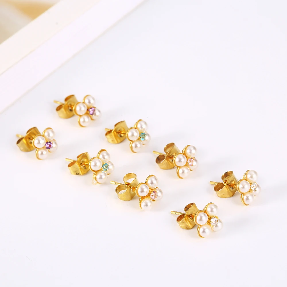 

OUFEI Stainless Steel Pearl Earrings Fashion Jewelry Stud Earrings for Women Druzy Earrings With Stones Four-leaf Clover Korean