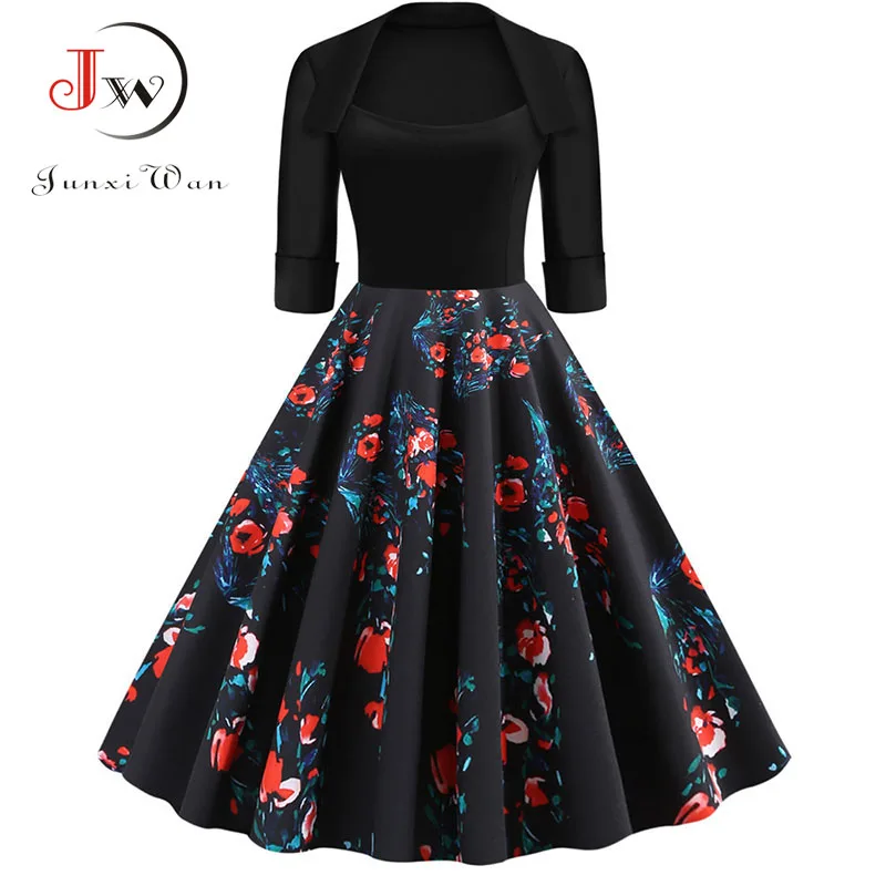 Half Sleeve Black Autumn Winter Women Dress Floral Print Vintage Party Dresses Robe Casual Rockabilly A-Line Pin Up Vestidos - Цвет: 005