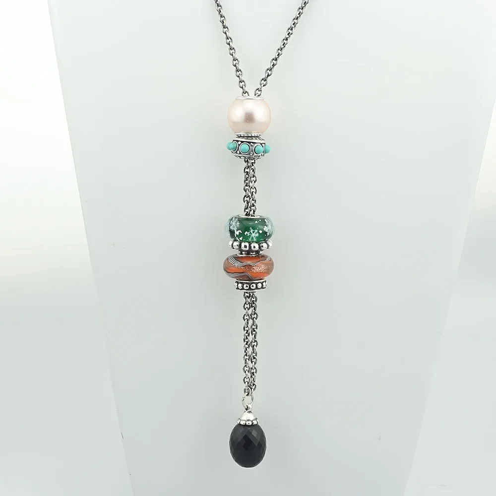 Black Agate Pendant Necklace Of Onyx Stones Fit Troll European Charms 925 Sterling Silver Beads DIY Jewelry Gift For Woman (3)