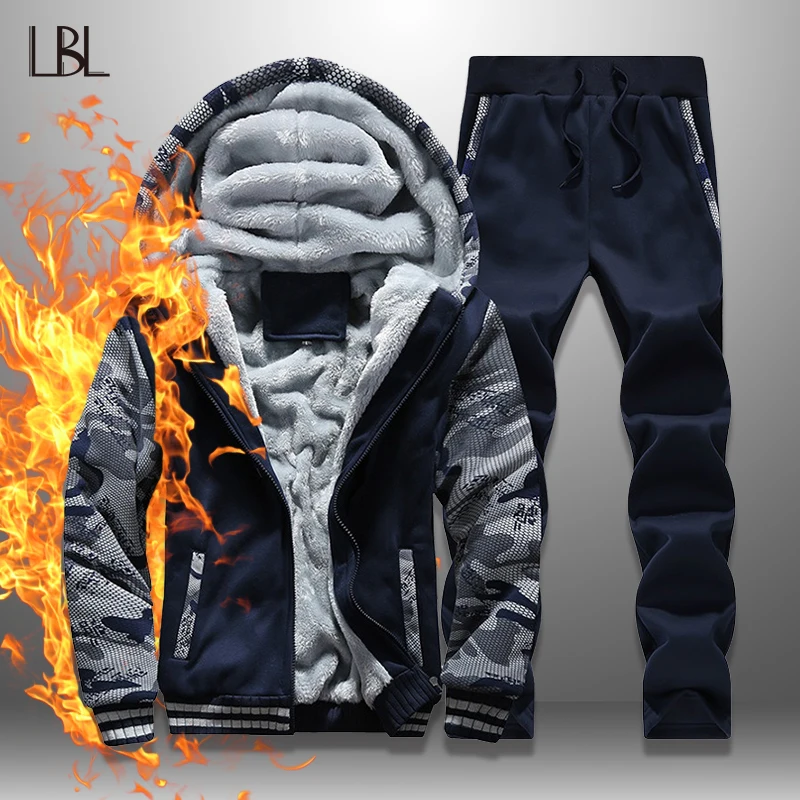 

LBL Fleece Winter Tracksuit Men Set Streetwear Mens Hoodie Sets Camouflage Thick Hooded Jacket Male Patchwork Moleton Masculino