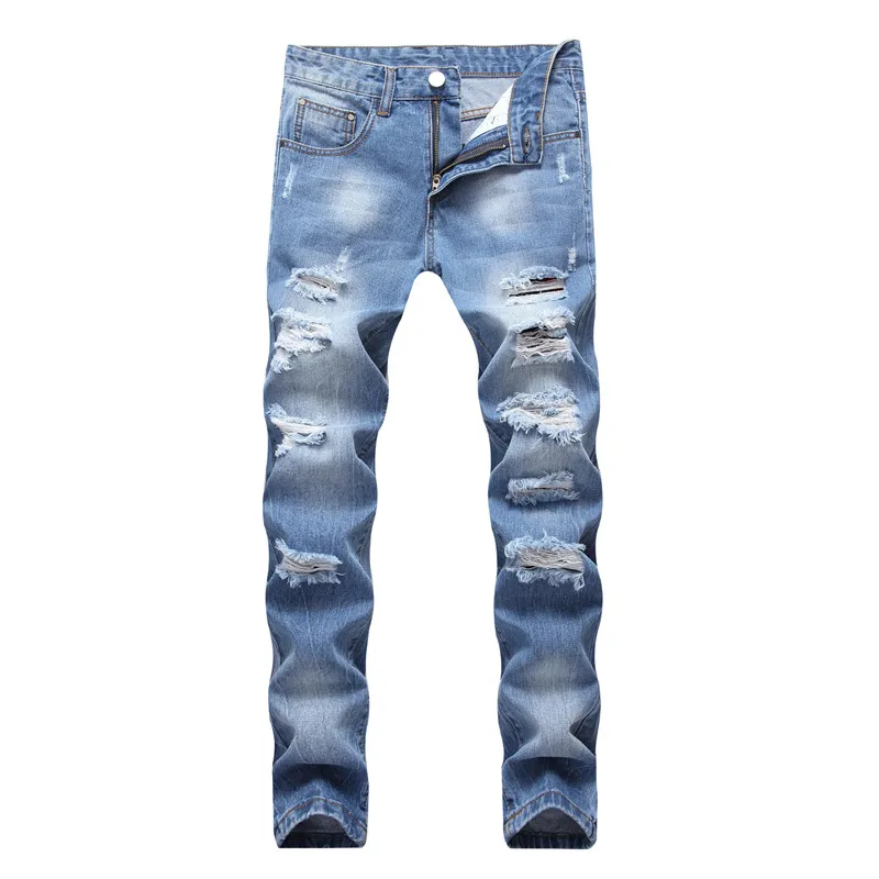 MORUANCLE Men Washed Straight Ripped Jeans Trousers Streetwear