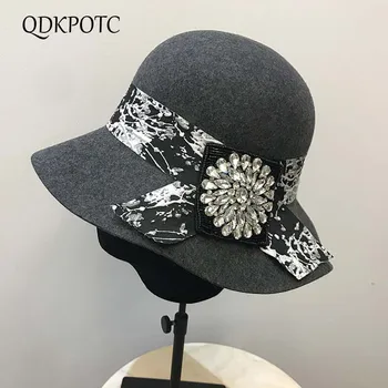 

QDKP[OTC Autumn Winter Fashion Fedoras Wave Brim Bucket Rhinestone cap National style Wool Felt Women Hats Elegant Fedora Hat