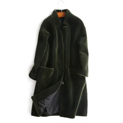 Зимнее женское пальто из натуральной шерсти, приталенное, утолщенное, Овечья овчина, пальто для женщин, плюс размер, повседневный длинный Тренч, куртки для женщин - Цвет: Green