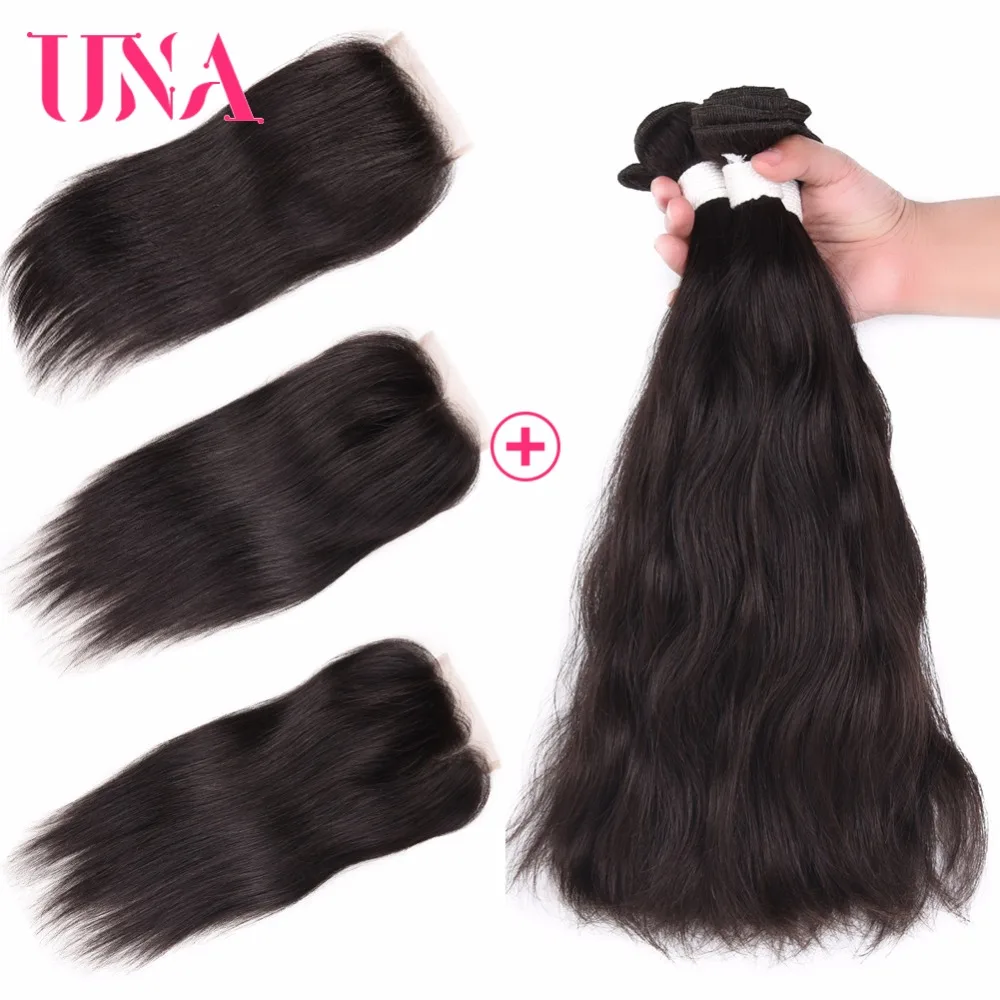 UNA Natural Hair 3 Bundles With Closure Human Hair Bundles With Closure Non-remy Brazilian Weave Bundle