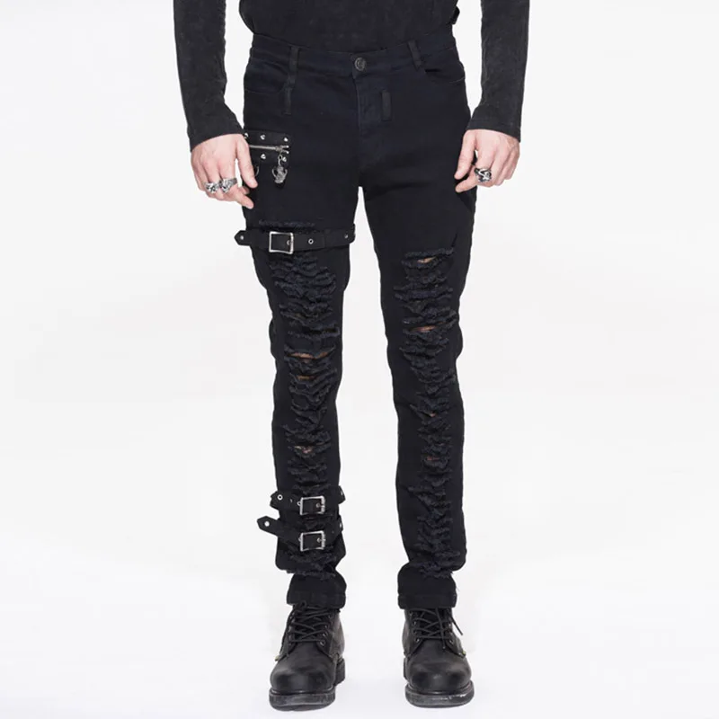 

Punk Fashion Slim Men Cut Out Holes Trousers Grommet Straps 2017 Autumn Winter Heavy Metal Rock Front Hollow Out Long Trousers