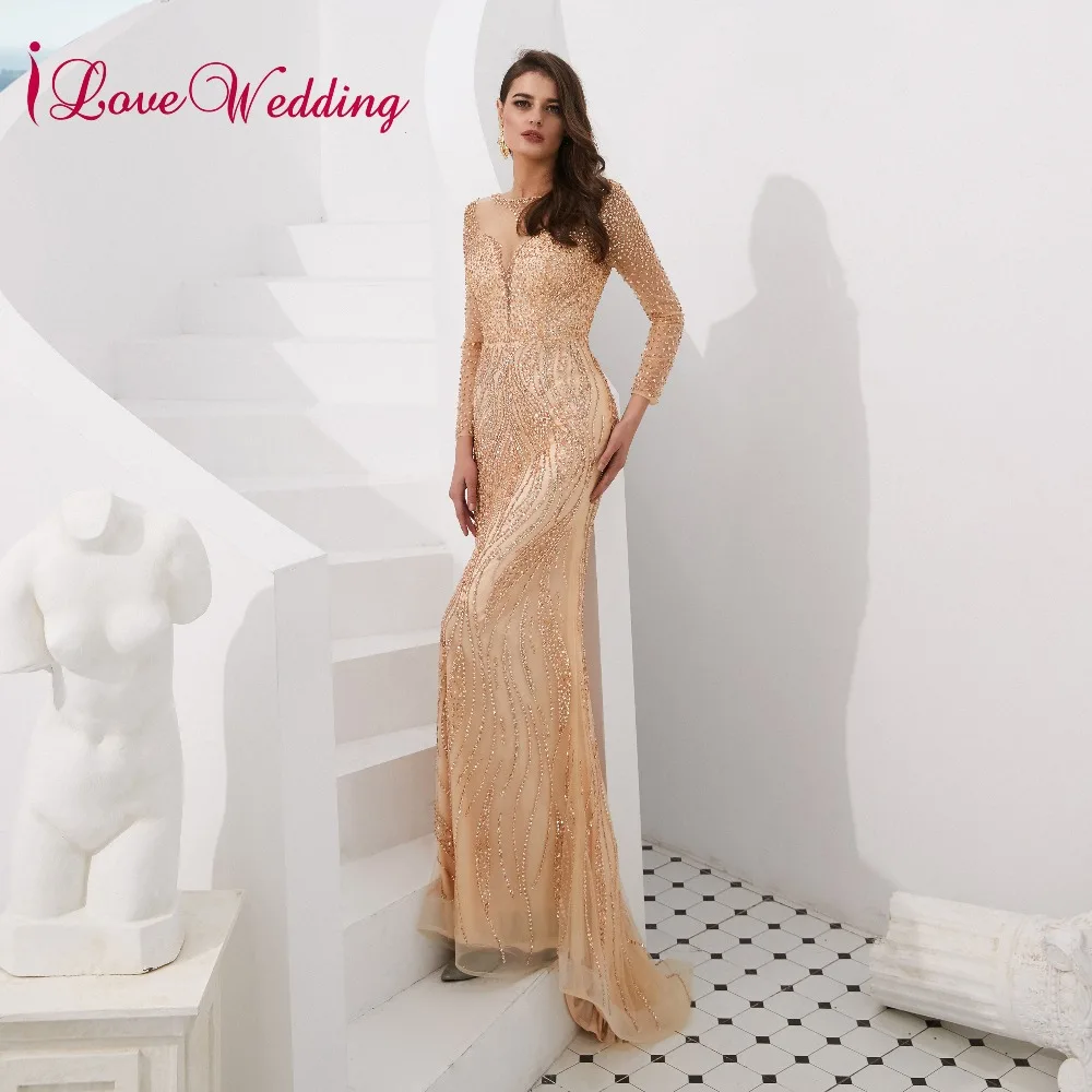 ILoveWedding, роскошное вечернее платье, прозрачное, с хрустальным бисером, с длинным рукавом, на заказ, серое, длинное, официальное, вечернее платье, настоящая фотография