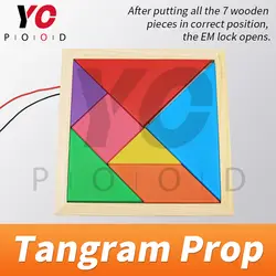 Tangram Prop YOPOOD Escape Room собирает все цветные кусочки в деревянной коробке, чтобы определить головоломки и разблокировать EM замок