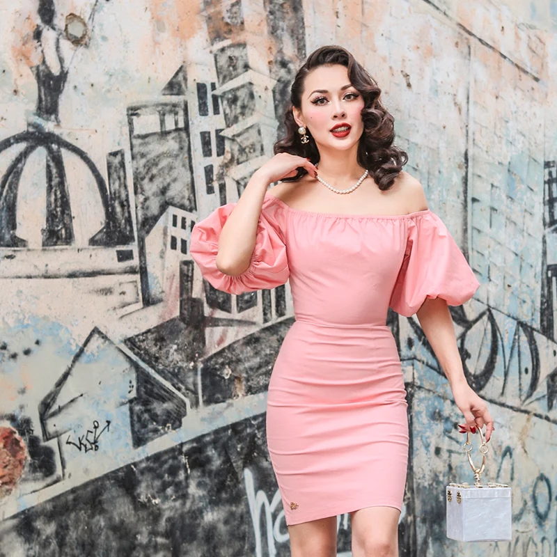 

le palais vintage 2018 Spring Vintage Slash Neck Puff Sleeve Dress Slim High Rise Elegant Sweet Color Dress