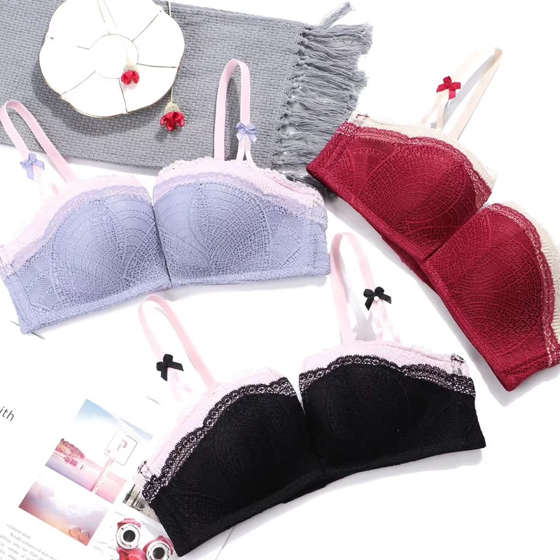 

2019 Brand New Sexy Lace Wire Free Bra Set Solid Flower Three Quarters Women Underwear Hot Sale Girls Intimate