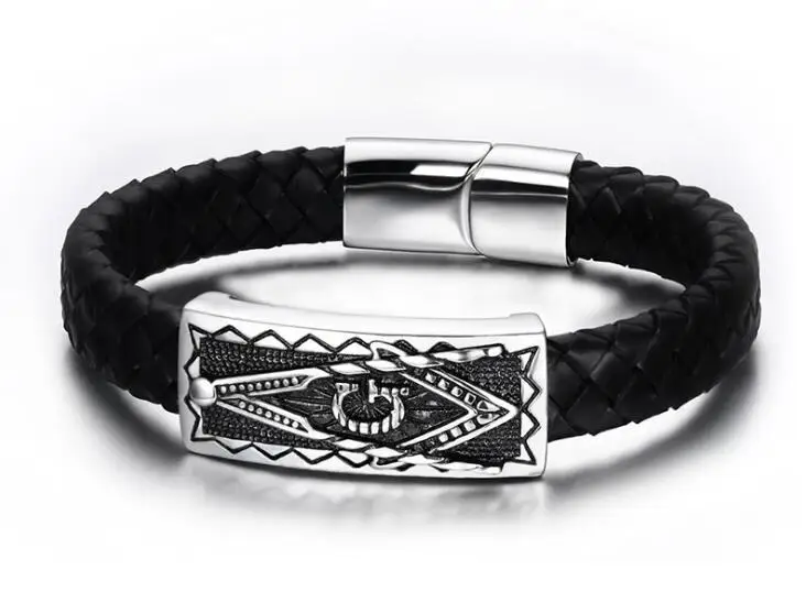 Ручной работы черный Пояса из натуральной кожи браслет Нержавеющая сталь масоном масонской браслет Mason украшения подарок 10 шт