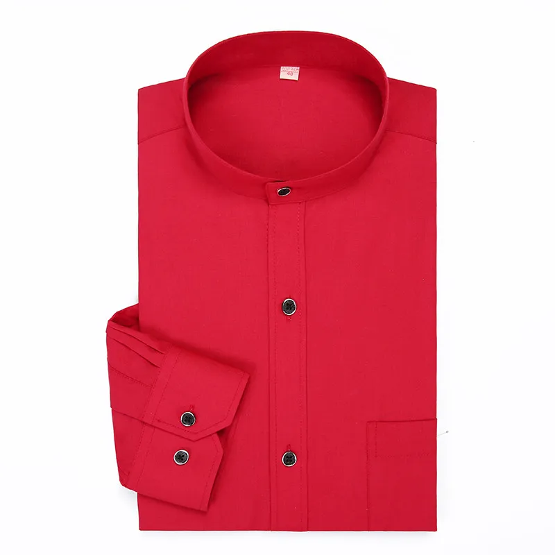 Мужские рубашки со стоячим воротником, одноцветные рубашки с длинным рукавом, китайский стиль, воротник-стойка, красная повседневная классическая официальная брендовая мужская рубашка