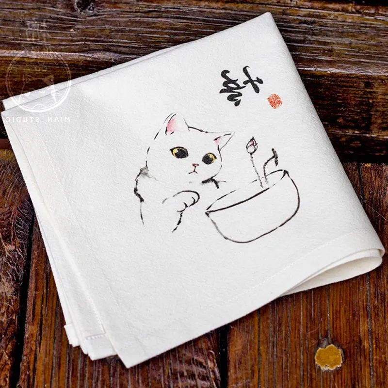  White Hand Painting Cat Cotton Handkerchief Gift Chinese style Women Fashion Accessories Thicken Na