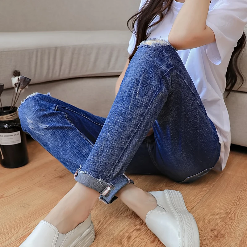 

9/10 Ripped Hole Denim Maternity Jeans Summer Autumn Fashion Adjustable Belly Pants Clothes for Pregnant Women Pregnancy