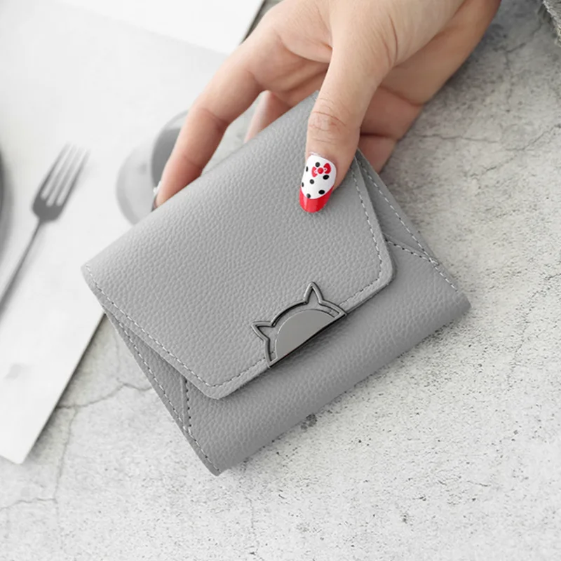 

womens wallets and purses 3 fold wallet soft face lychee pattern cat simple student short section small wallet 2019 new wallet