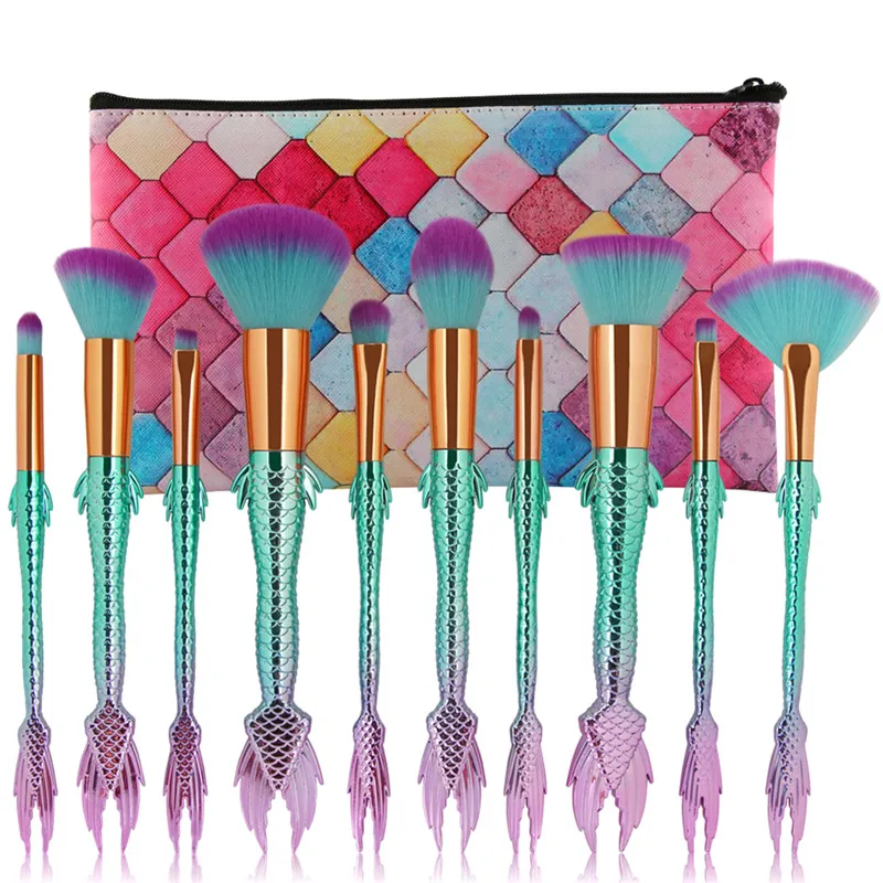 

10Pcs/set Mermaid Brush Set with Plaid Pouch Contour Powder Foundation Blending Brush Colorful Rainbow Brush with Makeup Bag