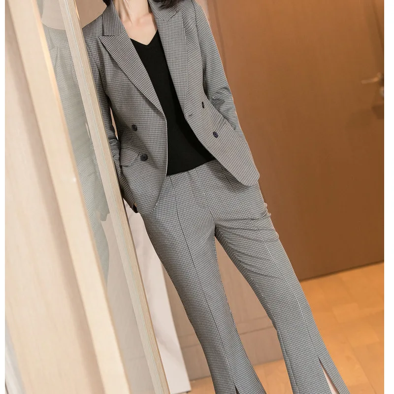 Женский костюм осенний тонкий модный костюм микро-эластичный костюм, пиджак в клетку сплит-колокол расклешенные брюки из двух частей женская одежда