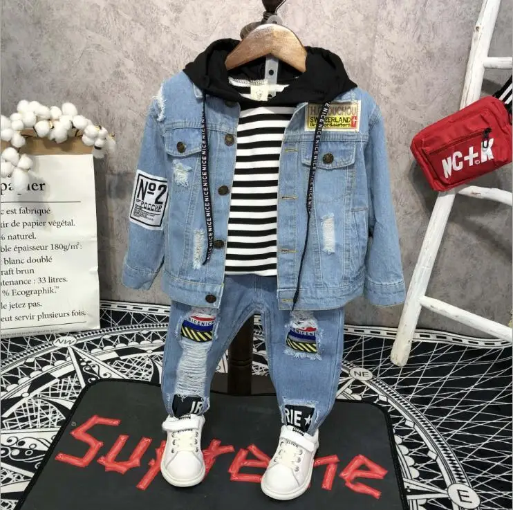

Fashion Trendy Spring Boys Clothes Long Sleeve Cowboy Jacket + Striped Hoodie + Jeans 3pcs Suits Children Kids Clothing Sets