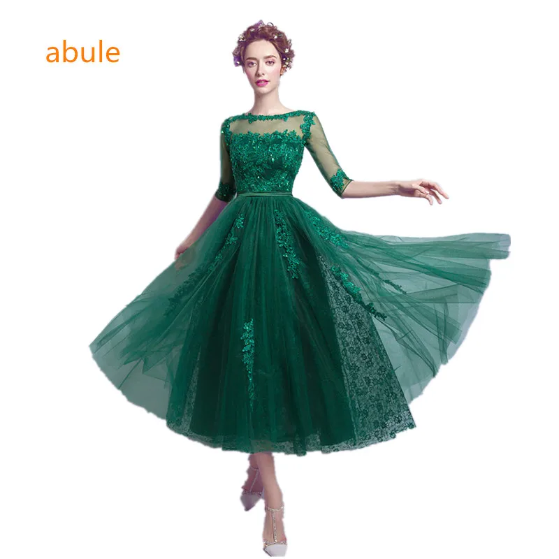 

ABULE Evening Dress sheer Robe De Soiree 2018 Bride Elegant Classic Embroidery A-line half Sleeve lace beading Party Prom dress