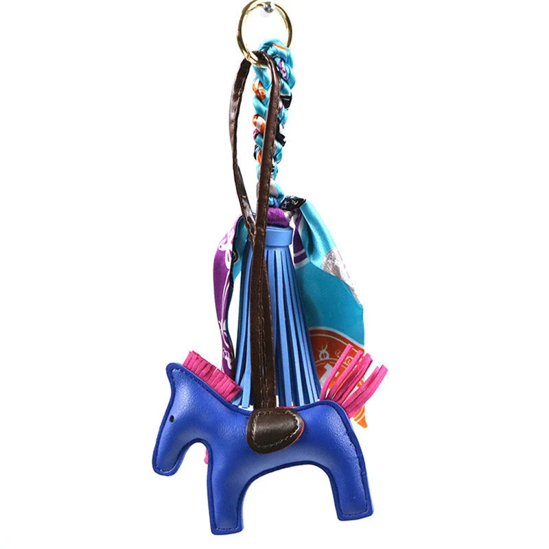 Бренд шелковая лента бант-узел кожаный брелок для ключей с кисточкой Кожа PU лошадь брелок для ключей помпон брелок для женщин Шарм сумочка кулон подарок - Цвет: blue