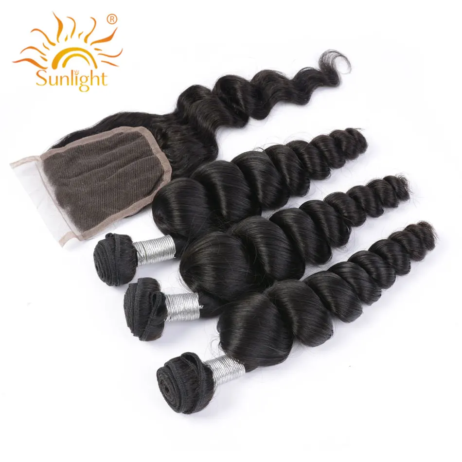 

Sunlight Human Hair Loose Wave Brazilian Hair Bundles With Closure 100% Human Hair Weave Bundles Non Remy 4*4 Lace Closure