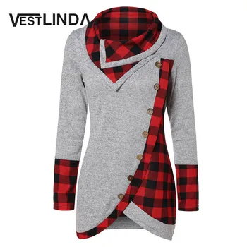 

VESTLINDA Turtleneck Tartan Tunic Sweatshirt Women 2018 Autumn Long Sleeve Sweatshirt Femme Casual Pullovers Female Tops Clothes