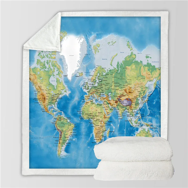 BeddingOutlet, карта мира, шерпа, пледы, одеяло, яркий принт, синее Флисовое одеяло для кровати, супер мягкое, уютное, плюшевое покрывало, 130x150 - Цвет: Map 1