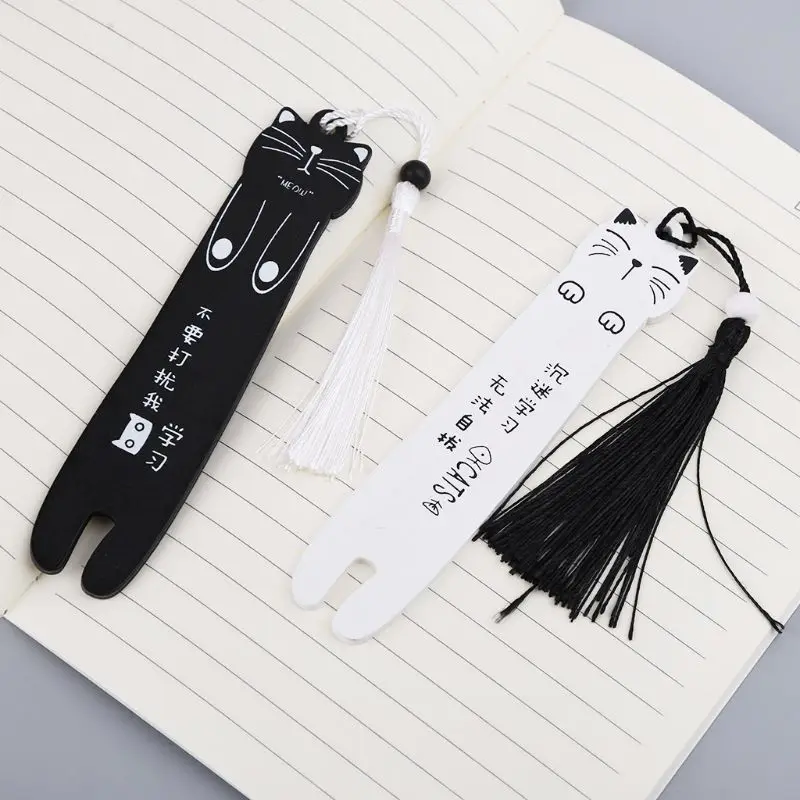 Cute Cartoon Cat Wooden Bookmark Book Page With Tassel Student Stationery School