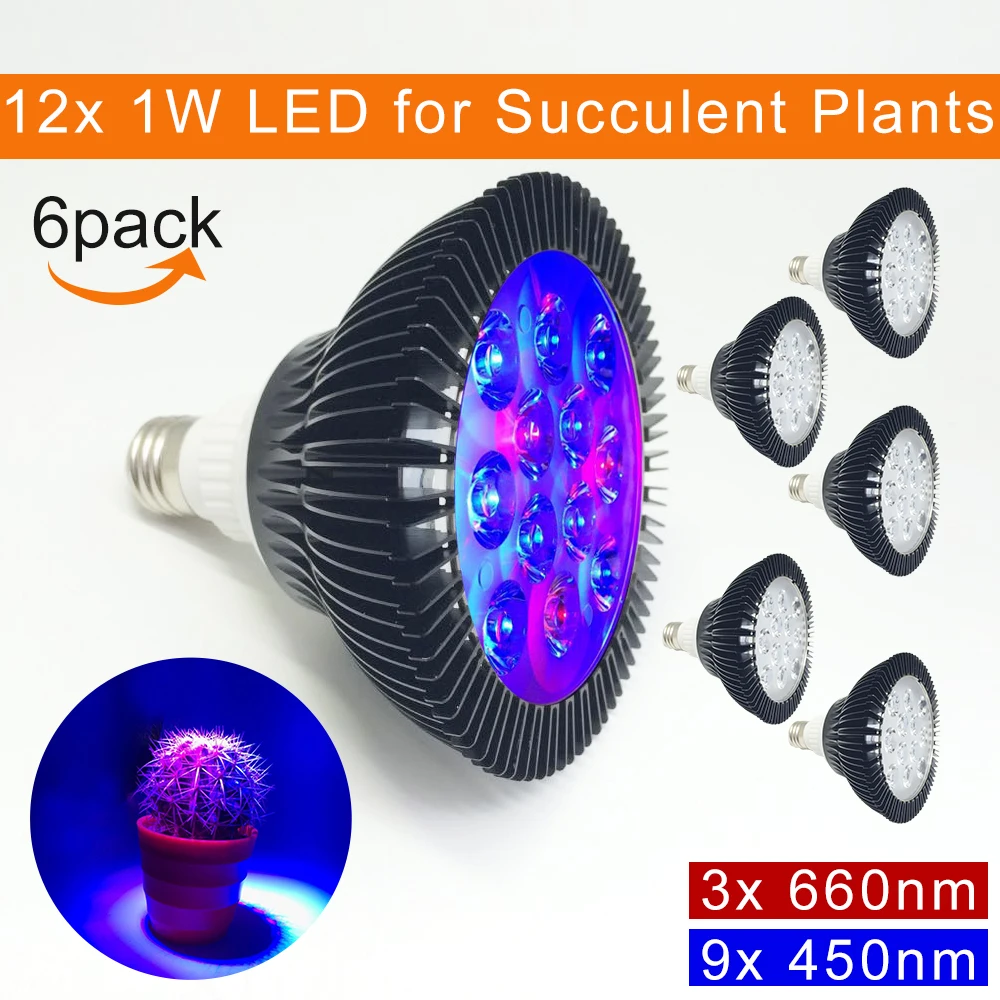 

6sets/lot 12W LED Grow Light Lamp E27 Base Wavelenth Mix 12 LED Growing Bulbs For Succulent Plants LED Plant Growth Lighting