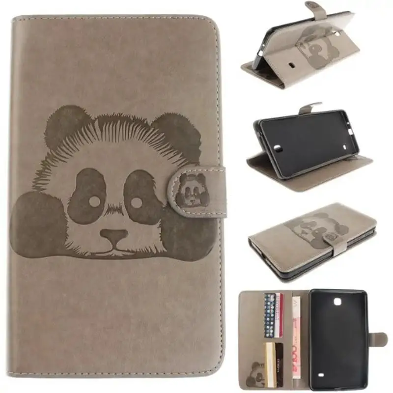 

3D Embossing Panda Flip Cover With Strap Case For Samsung Galaxy Tab 4 7.0 SM-T230 Stand Card Wallet Soft PU Leather